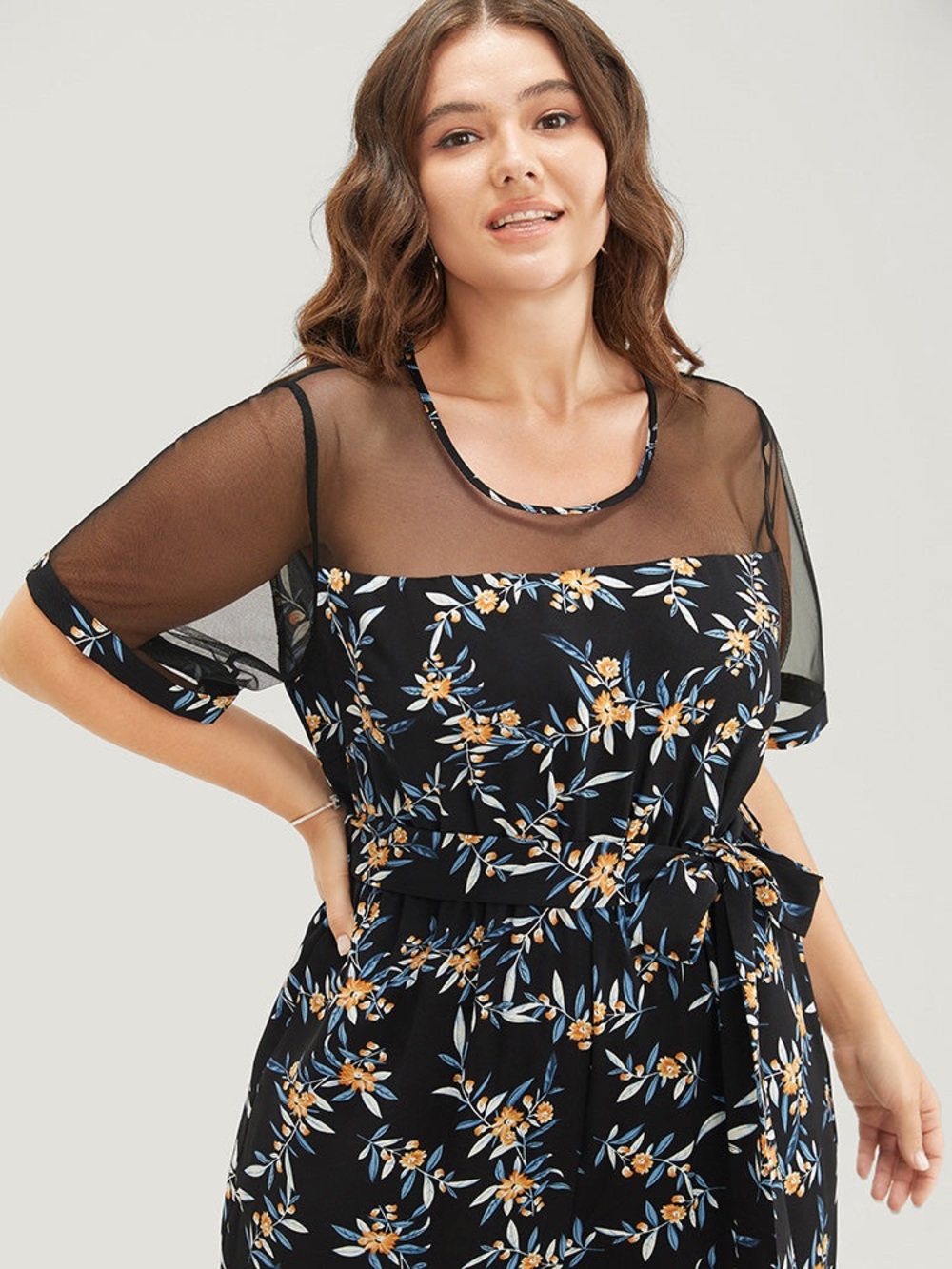 BLOOMCHIC 22/24 Floral Mesh Patchwork Crew Neck Pocket Belted Jumpsuit 3X